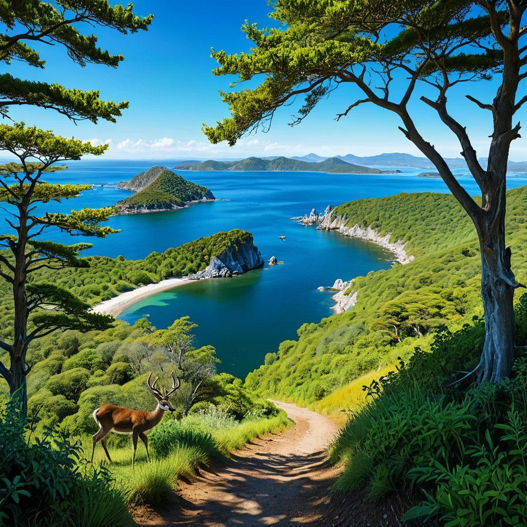 A breathtaking landscape capturing Oyster Bay's lush green hills, a diverse array of wildlife such as deer and birds in the foreground, and hikers navigating scenic trails under a clear blue sky. Include elements of conservation, like a signpost promoting eco-friendly practices. Vibrant colors, super-realistic.