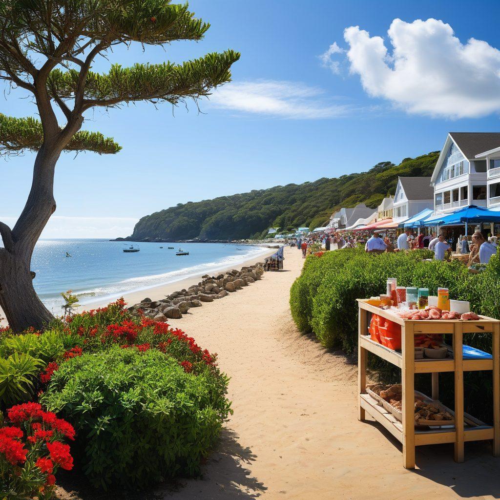 A stunning coastal view of Oyster Bay featuring lush greenery, sandy beaches, and crystal-clear waters. In the foreground, a quaint seaside village with vibrant local markets displaying fresh seafood, artisan goods, and cheerful visitors enjoying outdoor dining. Include elements of wildlife conservation, such as birdwatchers and educational signs about local marine life, to convey a sense of adventure and awareness. The sky should be bright and sunny, enhancing the inviting atmosphere. super-realistic. vibrant colors. sunny background.