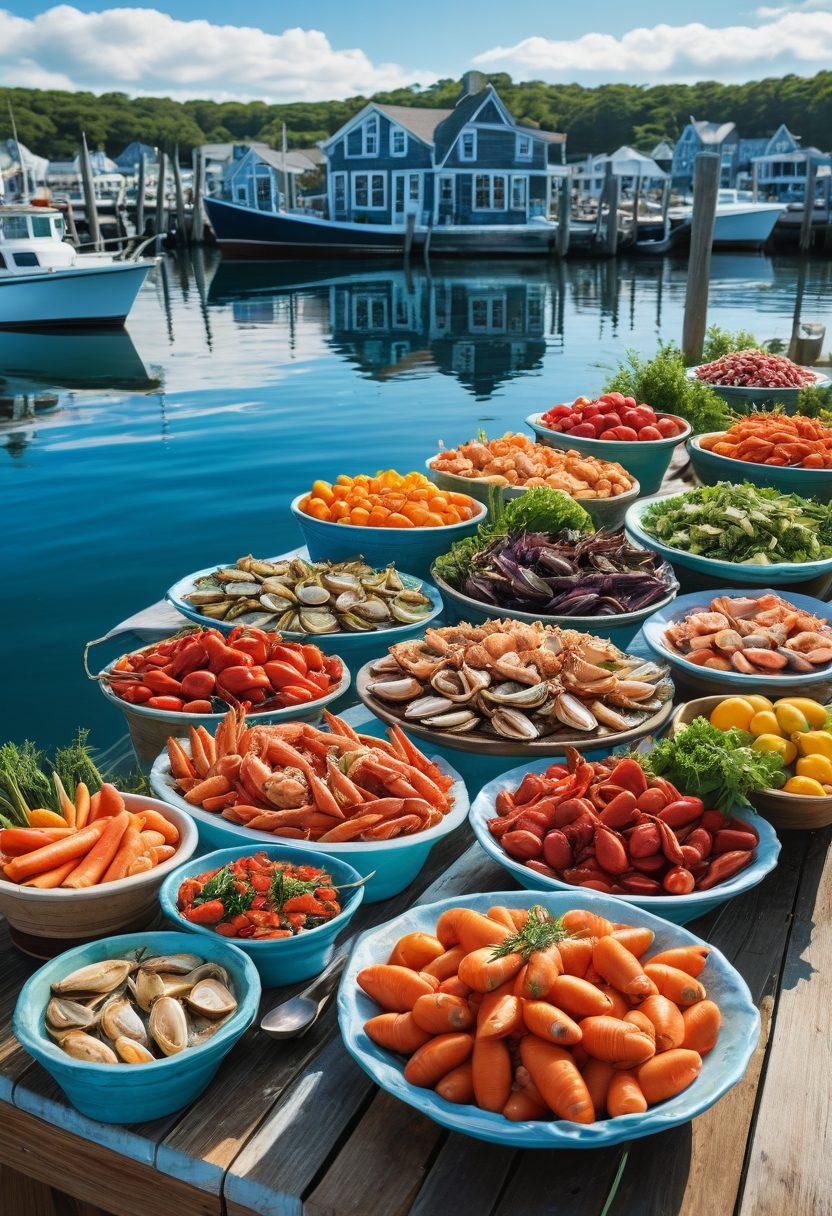 A vibrant coastal scene showcasing a charming Oyster Bay harbor, featuring a rustic seafood market with fresh catches displayed. Include a selection of local dishes elegantly presented on a wooden table, with colorful vegetables and herbs. Add a backdrop of fishing boats and clear blue waters under a sunny sky, emphasizing sustainability in seafood. super-realistic. vibrant colors. 3D.
